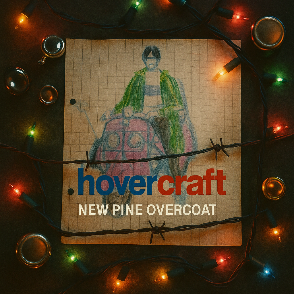 Auto-generated description: An illustration of a person sitting on a hovercraft is surrounded by colorful string lights, with the text hovercraft NEW PINE OVERCOAT below.