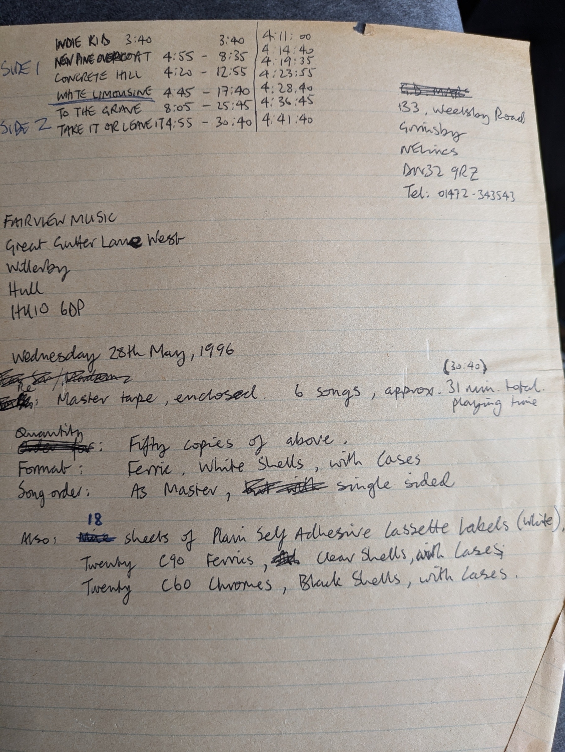Original session notes and tape copying plans 1996